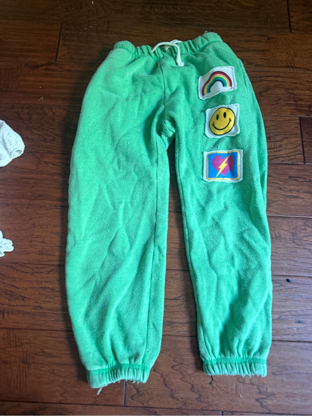 Vintage Green Kids Sweatpants with Rainbow & Patch Accents
